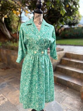Vintage 70s Green Floral Prairie Midi Dress Lace Collar Cottagecore